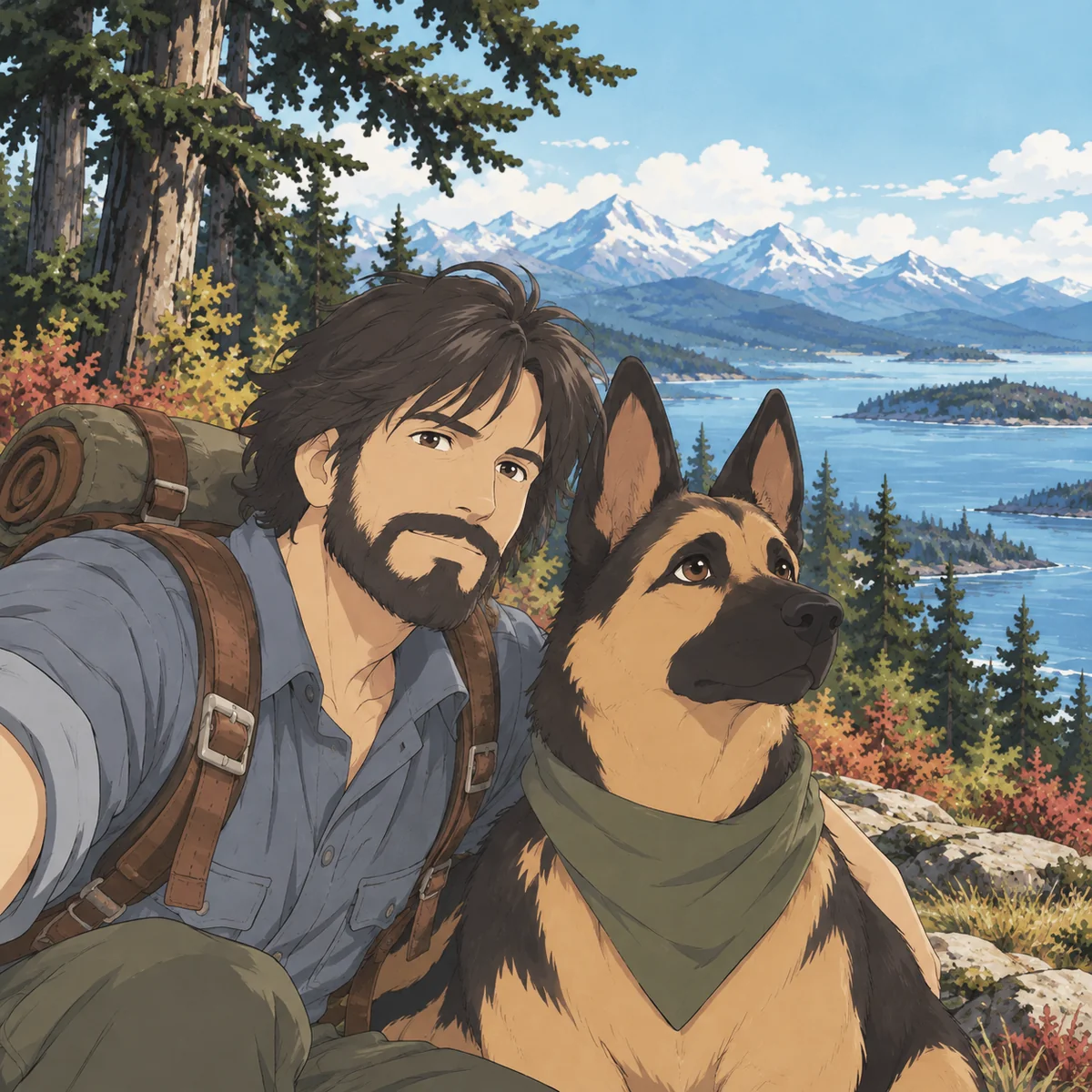 Walter and Argus overlooking a mountain lake